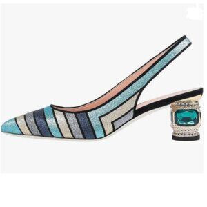 FSJ Multi Glitter Pointed Toe Slingback Chunky Low Heel Rhinestone Wedding Pumps